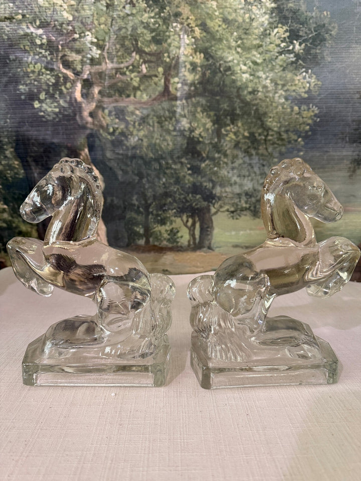Clear Glass Horse Bookends