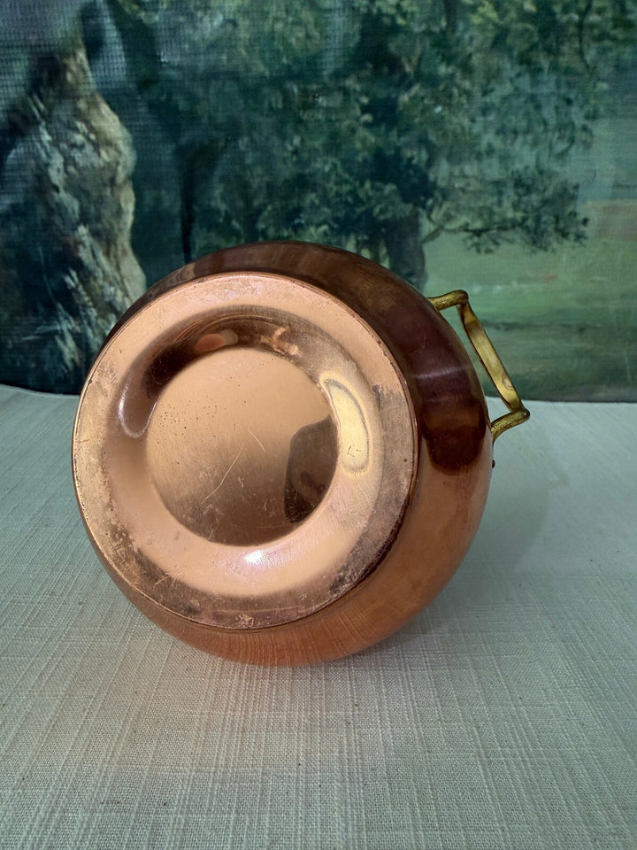 Mid Century handmade Turkish copper bucket planter featuring brass twin handles.