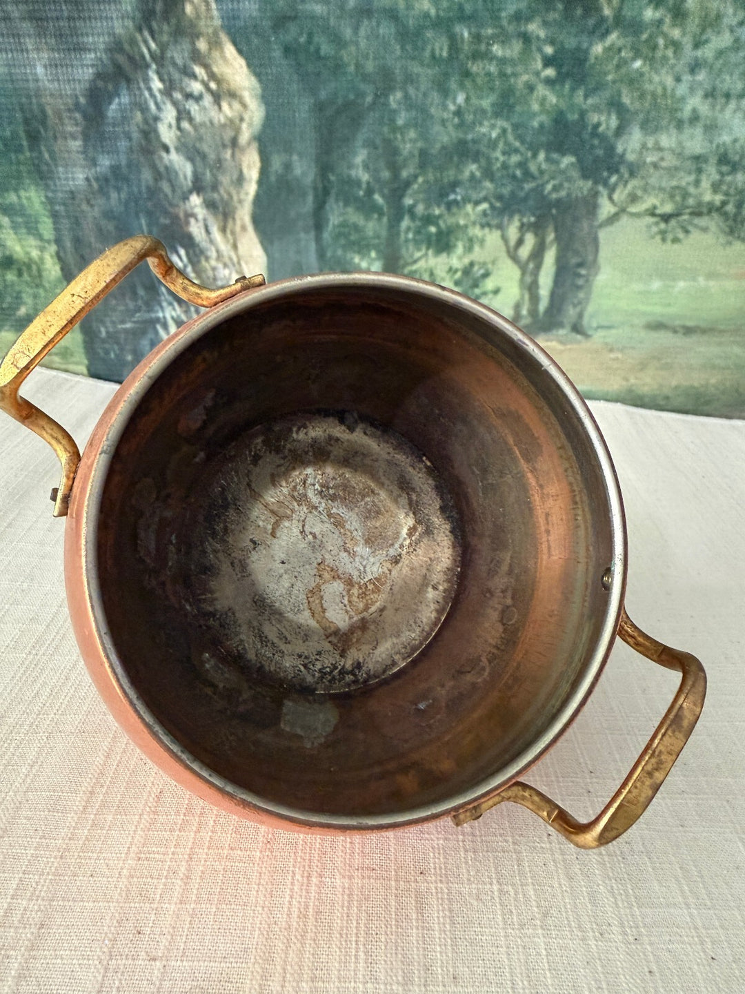 Mid Century handmade Turkish copper bucket planter featuring brass twin handles.