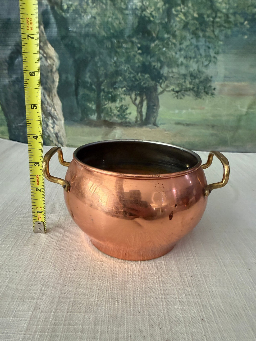 Mid Century handmade Turkish copper bucket planter featuring brass twin handles.