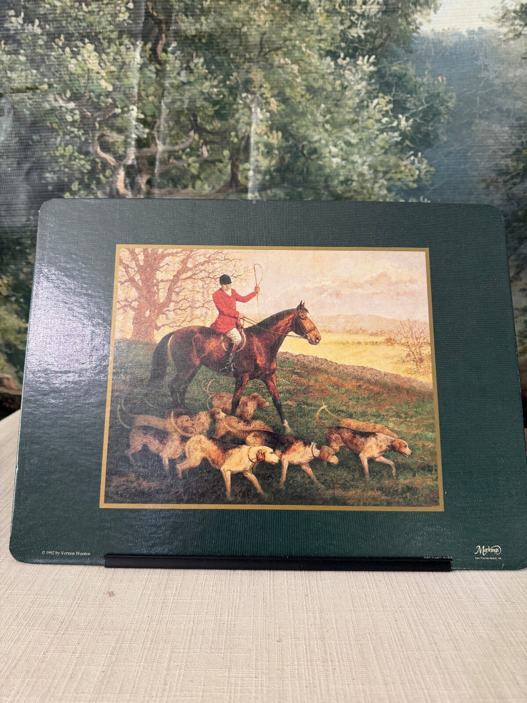 Green padded lap desk with horse and hounds scene