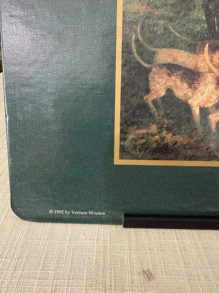 Green padded lap desk with horse and hounds scene