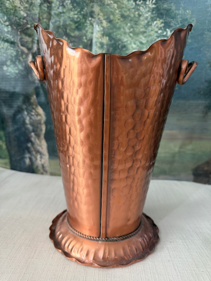 Hammered copper vase with scroll handles