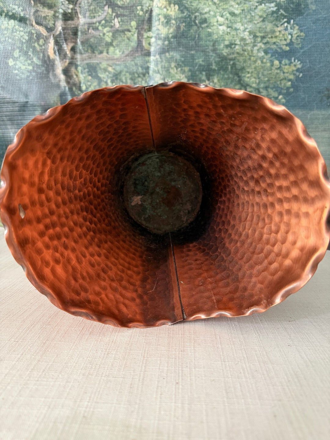 Hammered copper vase with scroll handles