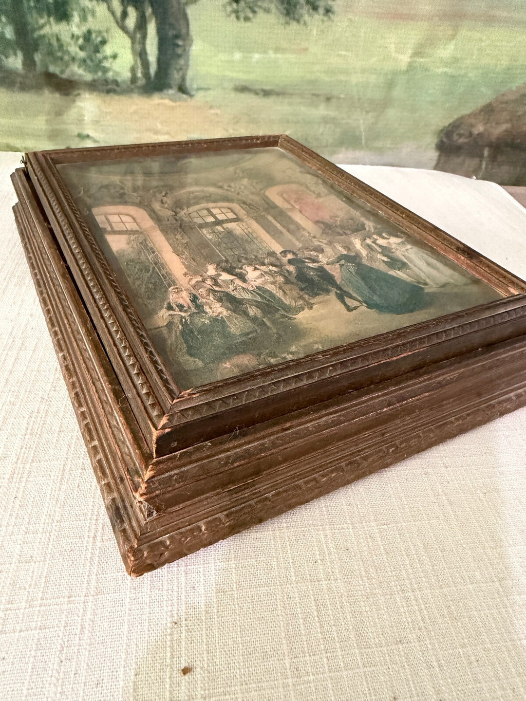 Framed ballroom scene trinket box with mirror