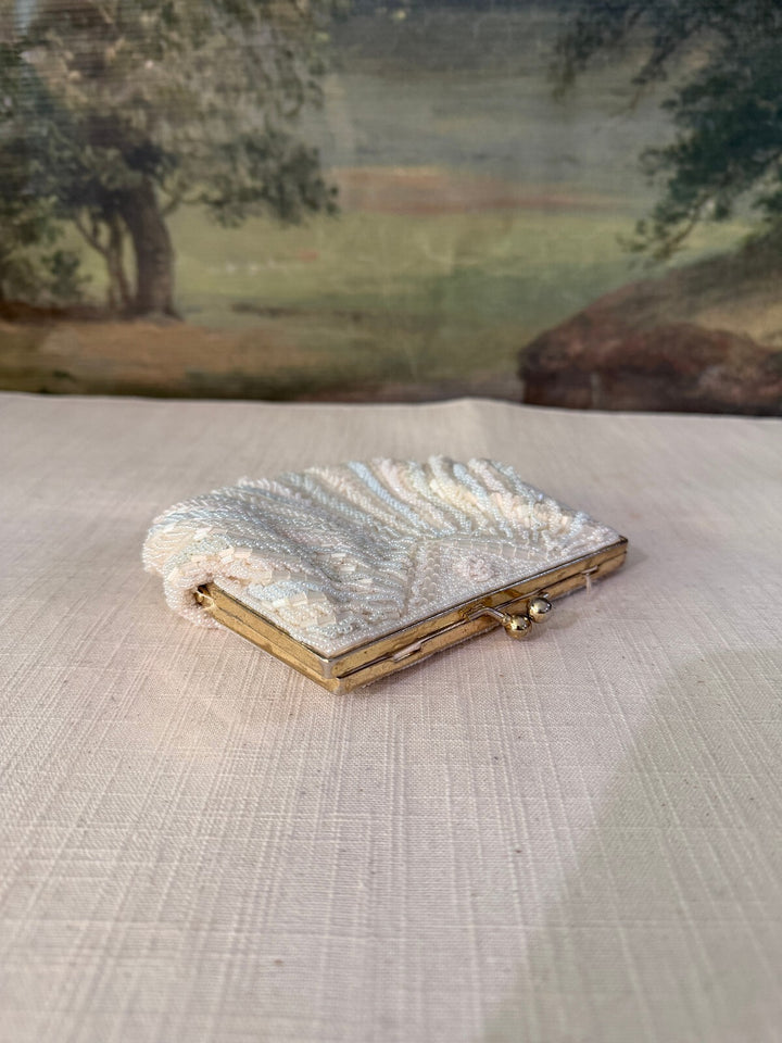 Vintage White Beaded Shell Clutch Purse