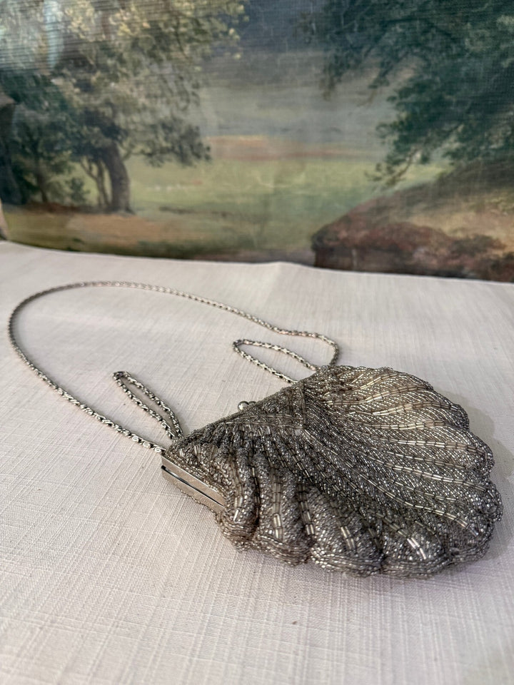 Vintage Silver Beaded Shell Evening Bag with Chain Strap