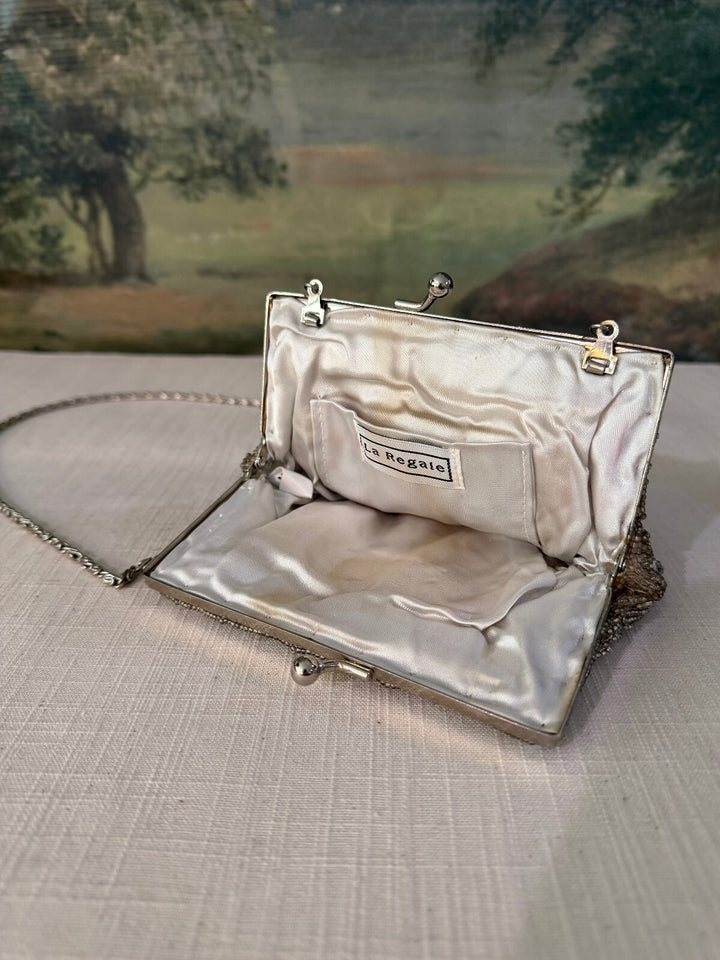 Vintage Silver Beaded Shell Evening Bag with Chain Strap