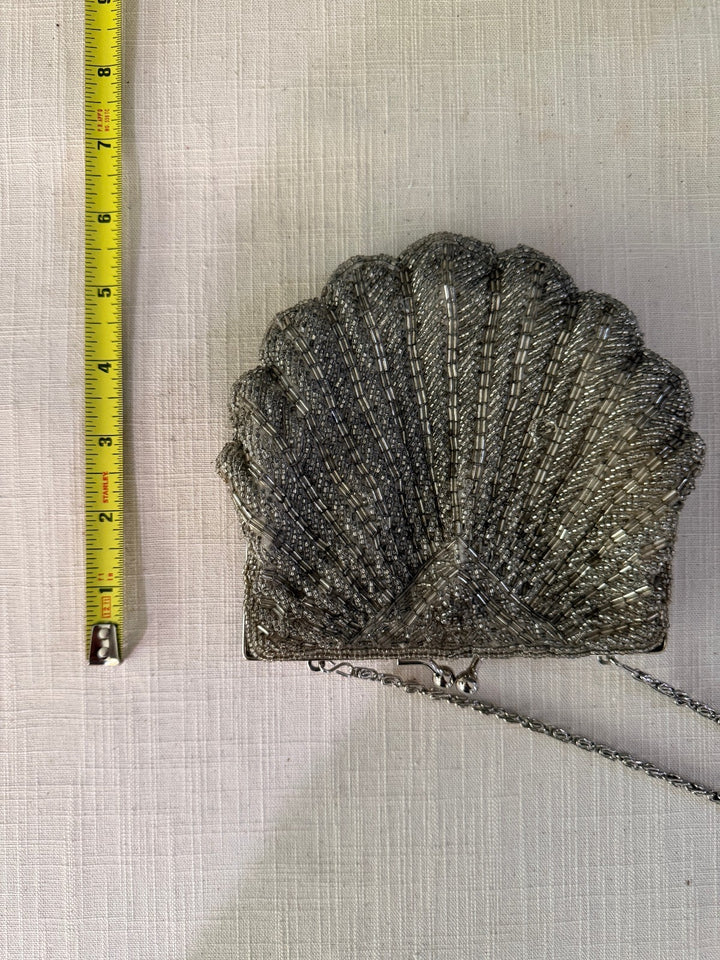 Vintage Silver Beaded Shell Evening Bag with Chain Strap
