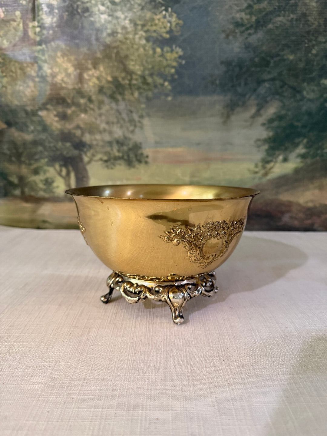 Vintage Brass Footed Bowl with Floral Relief