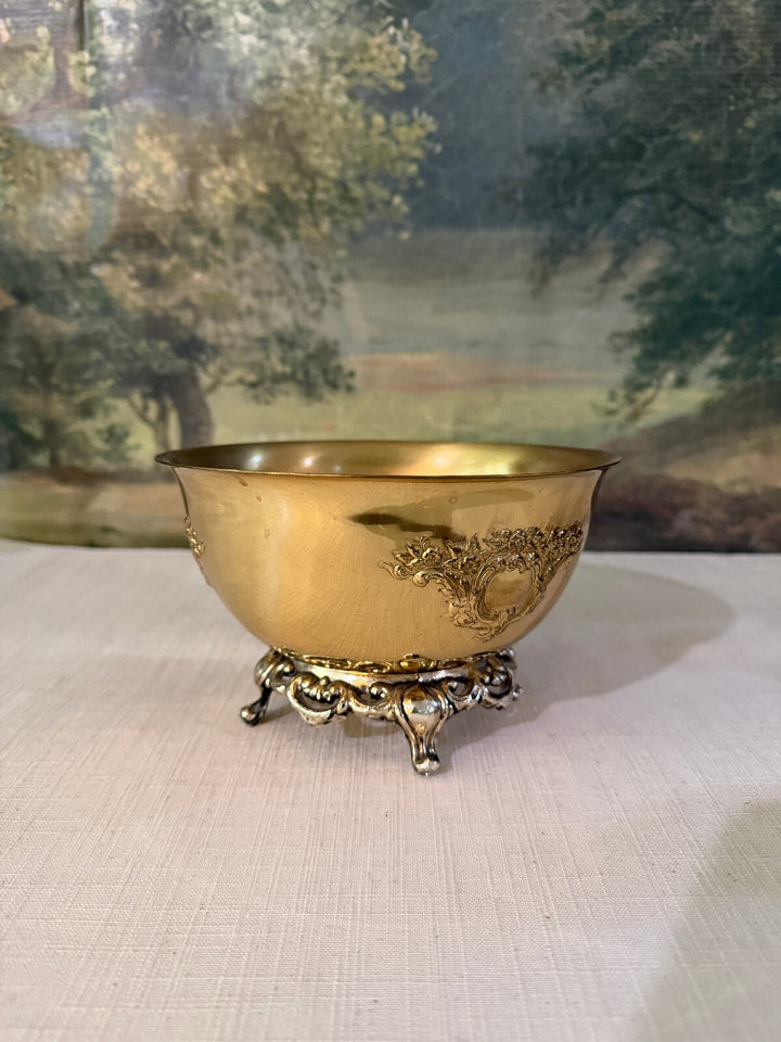 Vintage Brass Footed Bowl with Floral Relief