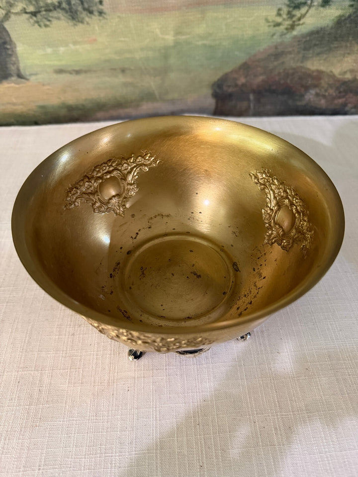Vintage Brass Footed Bowl with Floral Relief