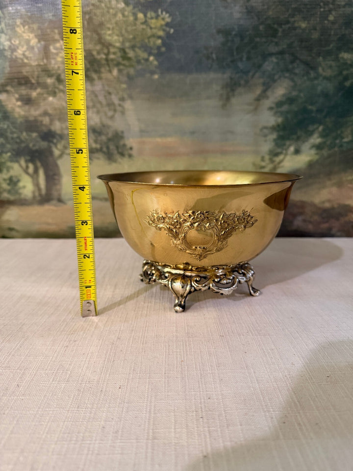 Vintage Brass Footed Bowl with Floral Relief