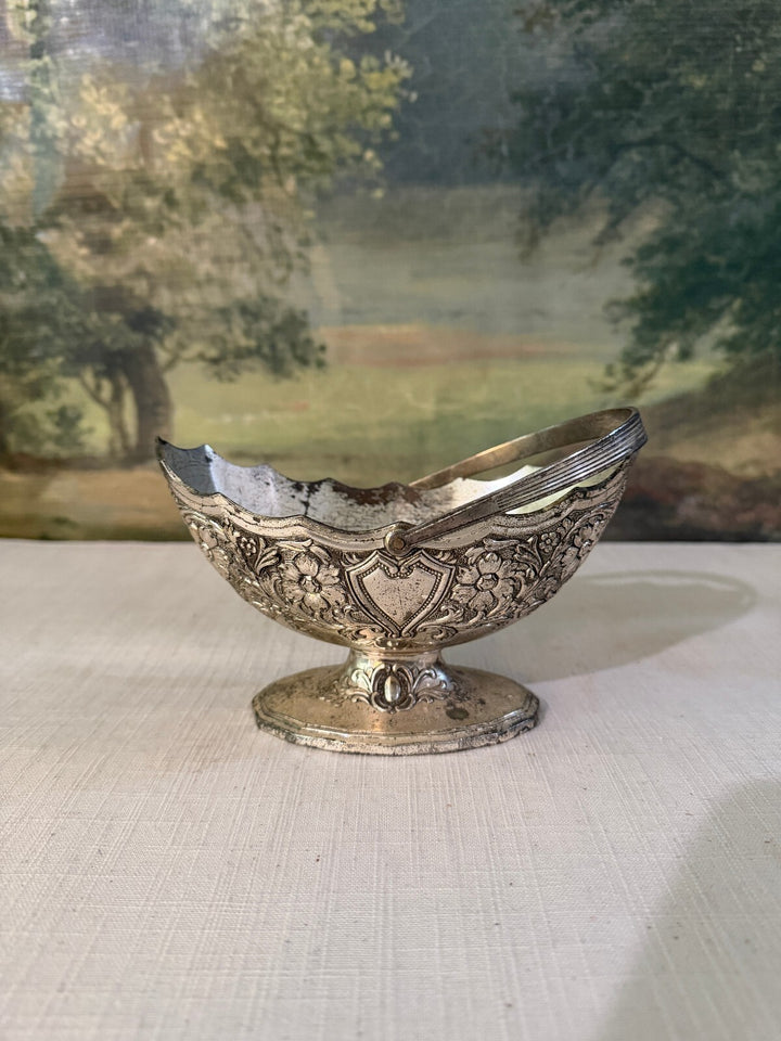 Silver Plate Pedestal Bowl with Heart and Floral Pattern