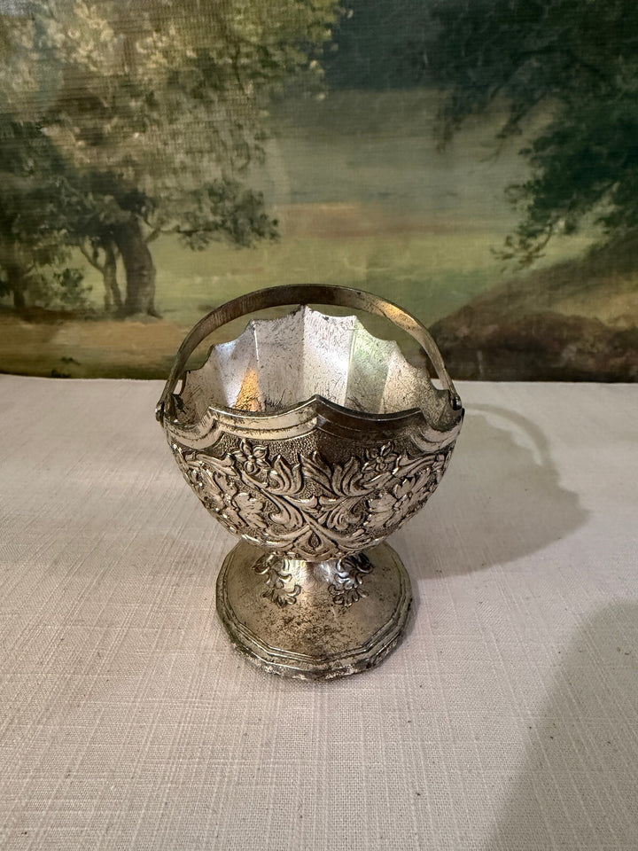 Silver Plate Pedestal Bowl with Heart and Floral Pattern