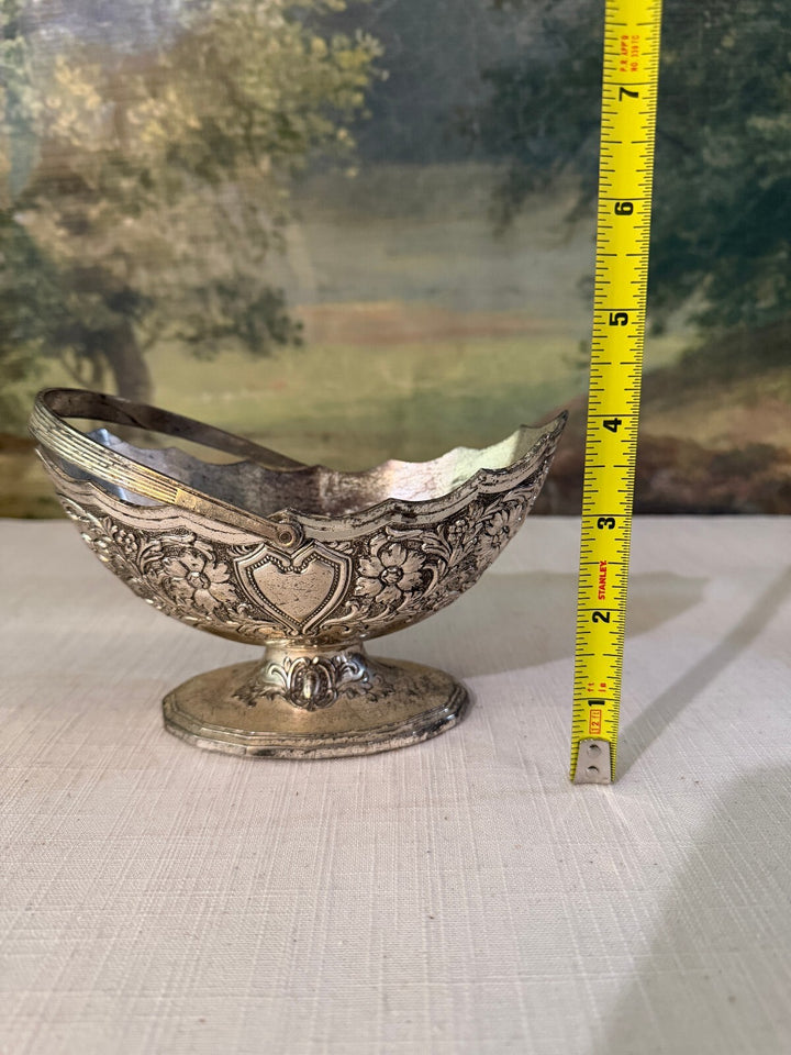 Silver Plate Pedestal Bowl with Heart and Floral Pattern