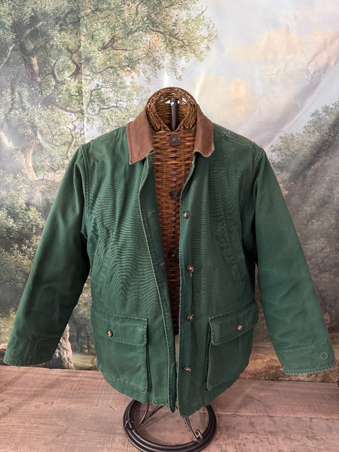 Lands' End green quilt lined barn jacket with brown corduroy collar