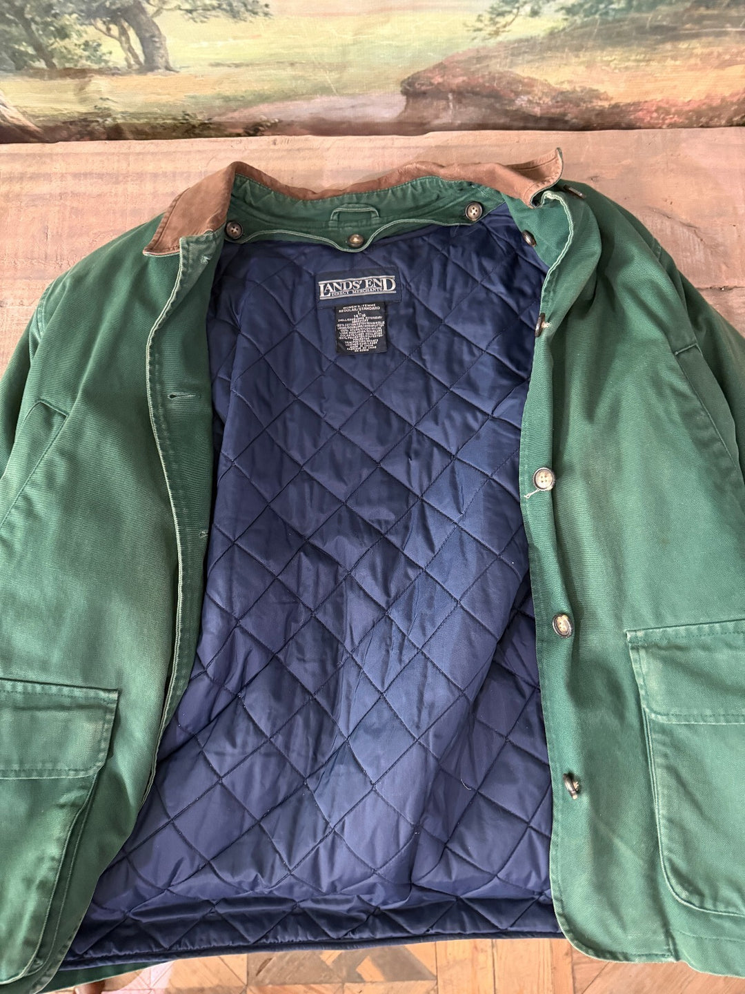 Lands' End green quilt lined barn jacket with brown corduroy collar