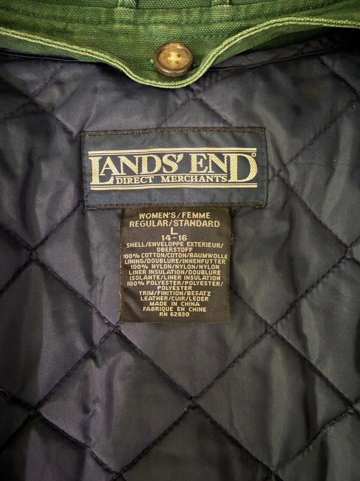 Lands' End green quilt lined barn jacket with brown corduroy collar