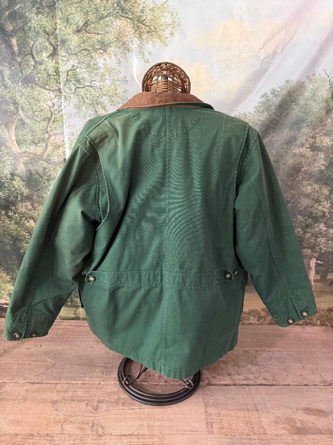 Lands' End green quilt lined barn jacket with brown corduroy collar