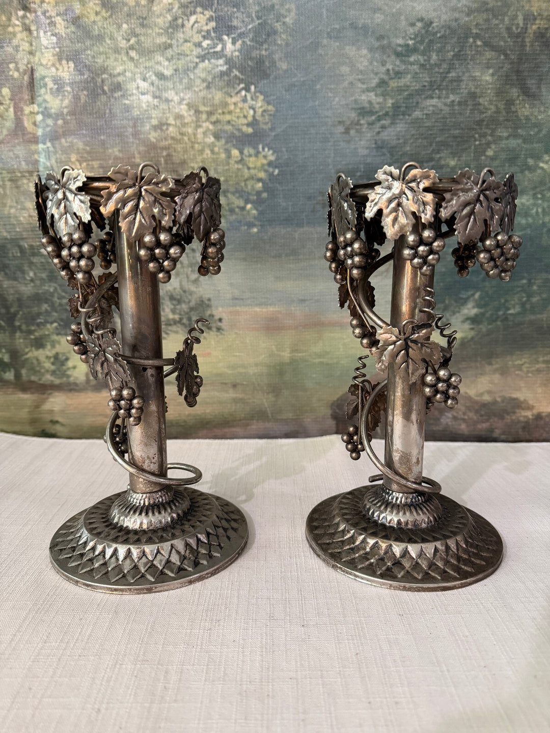 Pair of metal grapevine candle holders