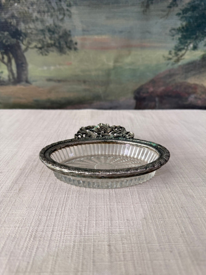 Oval Glass Dish with Ornate Metal Handle