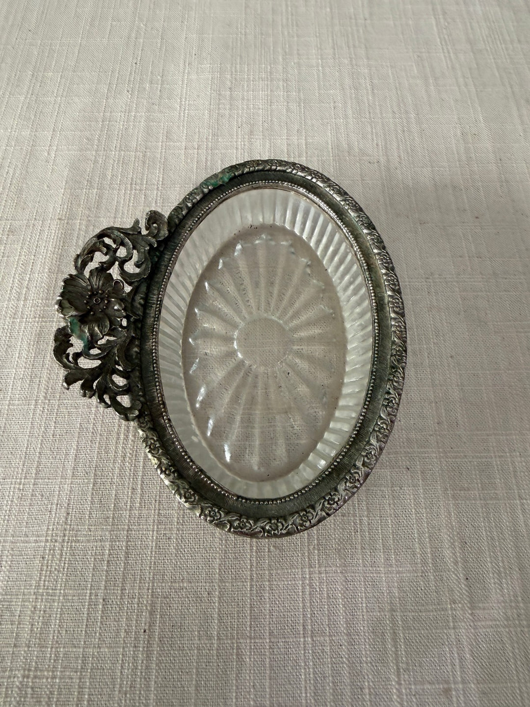 Oval Glass Dish with Ornate Metal Handle