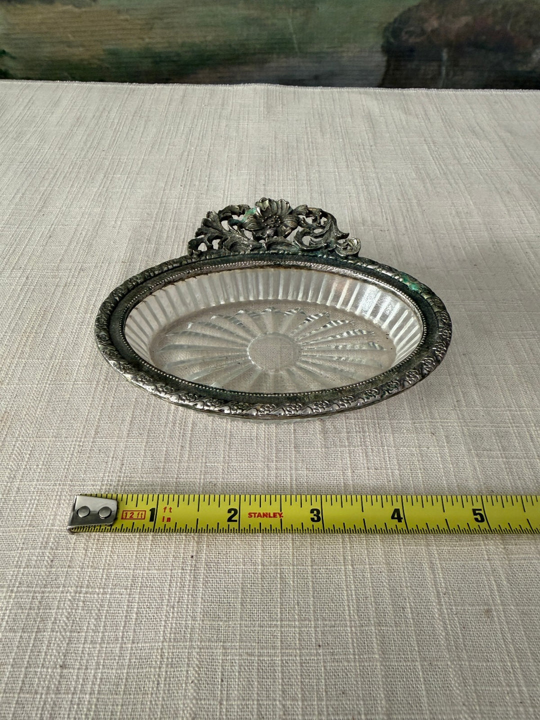 Oval Glass Dish with Ornate Metal Handle