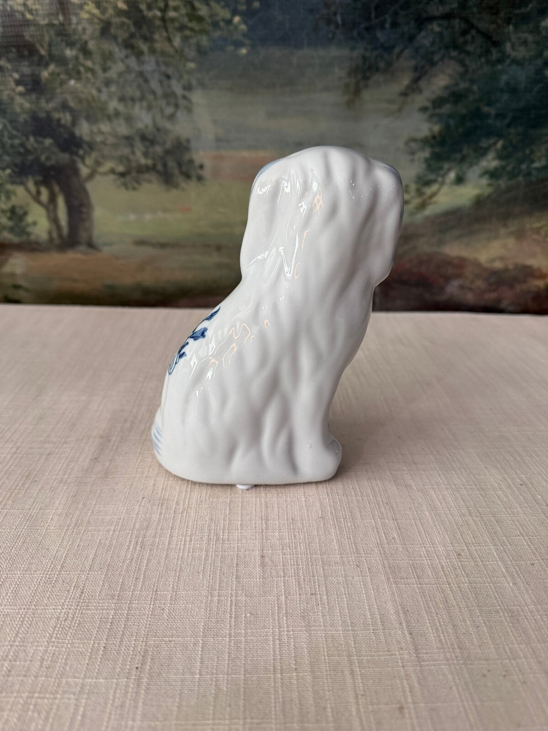 Pair of Blue and White Porcelain Staffordshire Style Dog Figurines