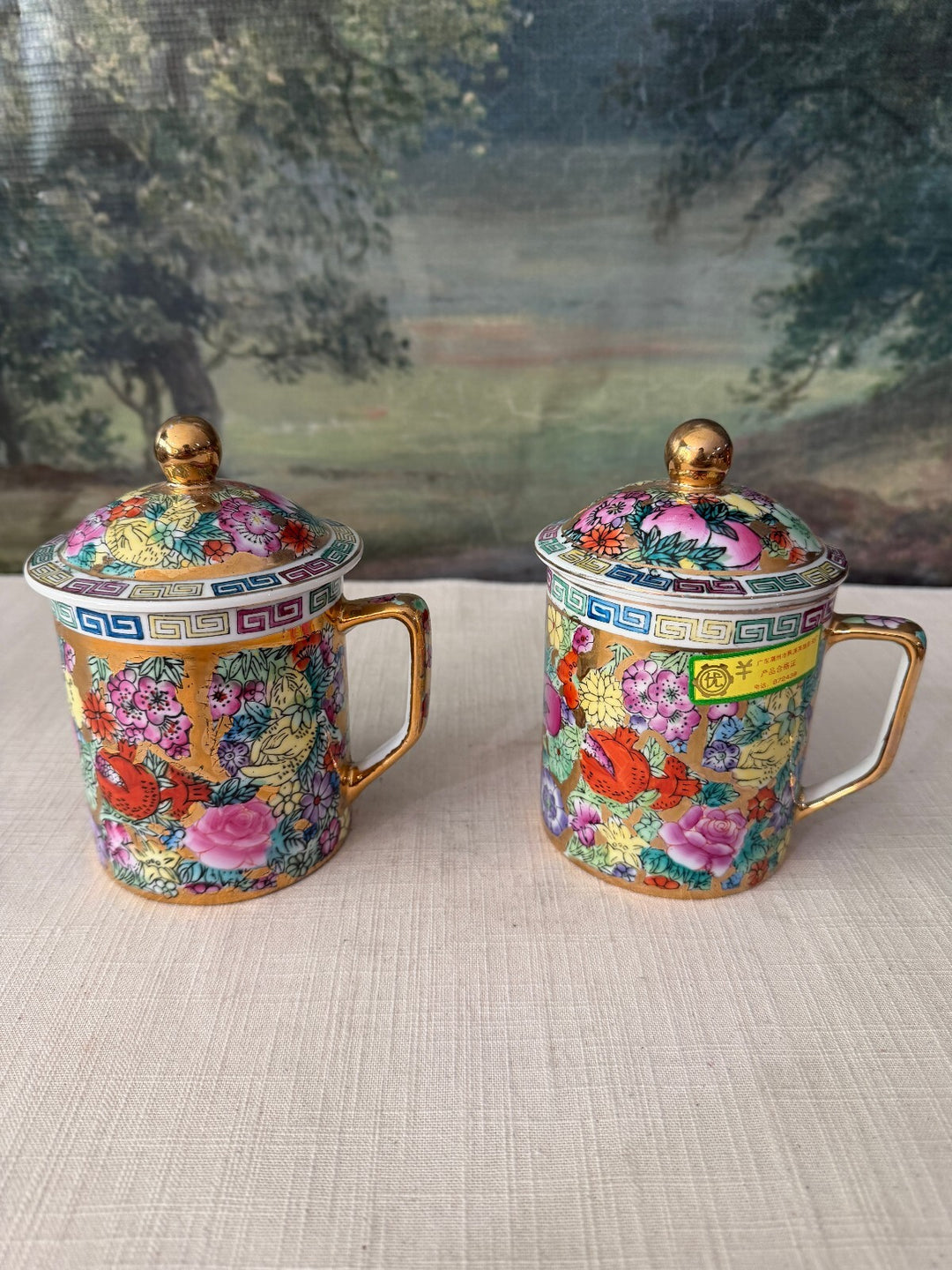Pair of Chinese Famille Rose Porcelain Lidded Mugs
