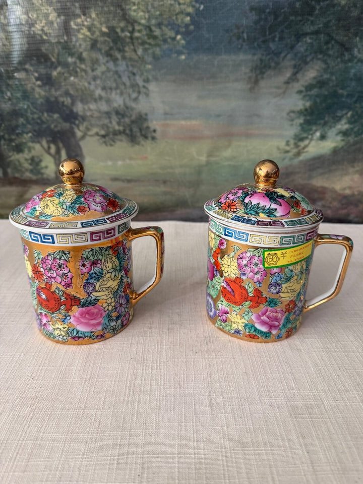 Pair of Chinese Famille Rose Porcelain Lidded Mugs