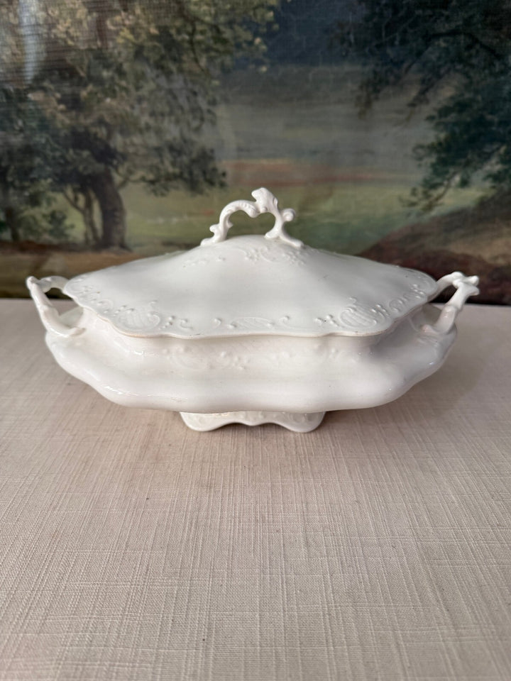 White covered serving dish with handles
