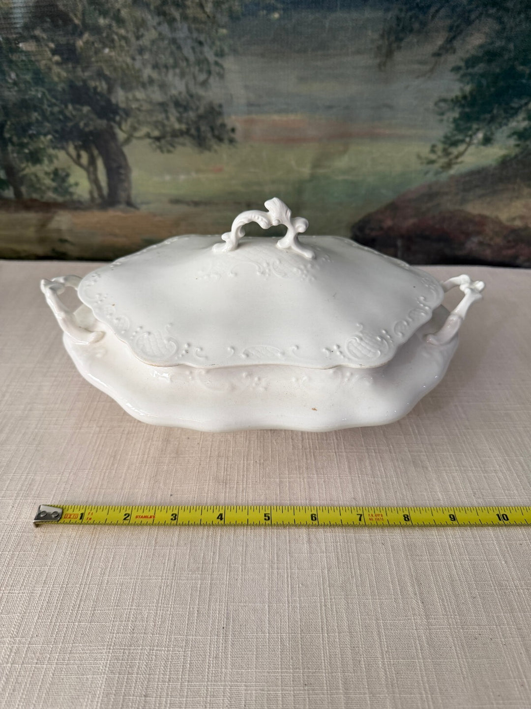 White covered serving dish with handles