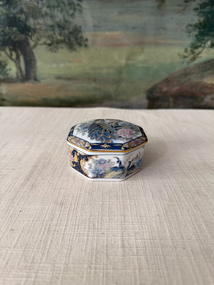 Octagonal Porcelain Trinket Box with Bird and Floral Design