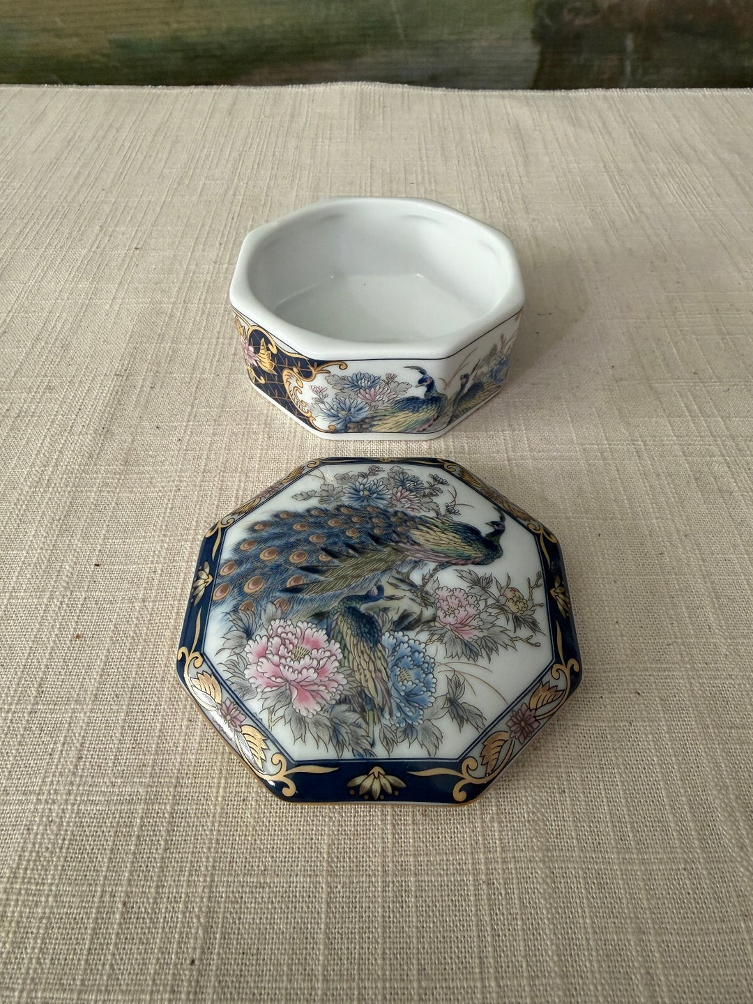 Octagonal Porcelain Trinket Box with Bird and Floral Design