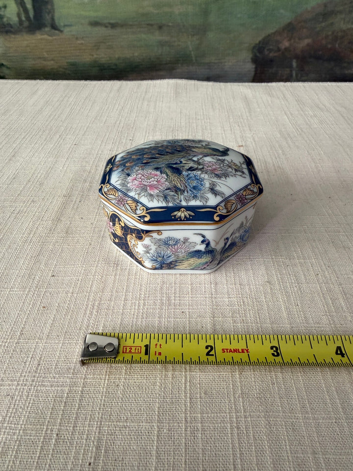 Octagonal Porcelain Trinket Box with Bird and Floral Design
