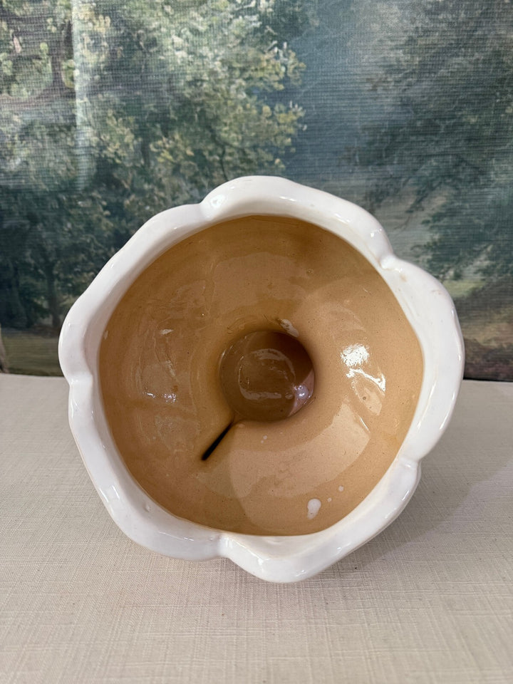 White Flower Form Pottery Vase with Green Pedestal Base