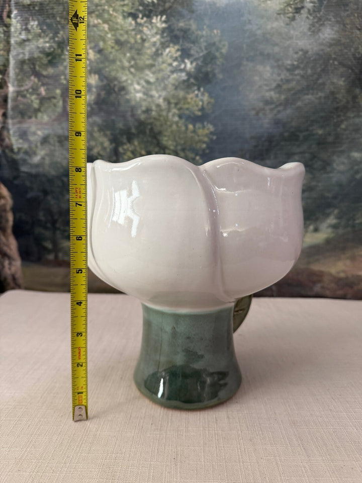 White Flower Form Pottery Vase with Green Pedestal Base