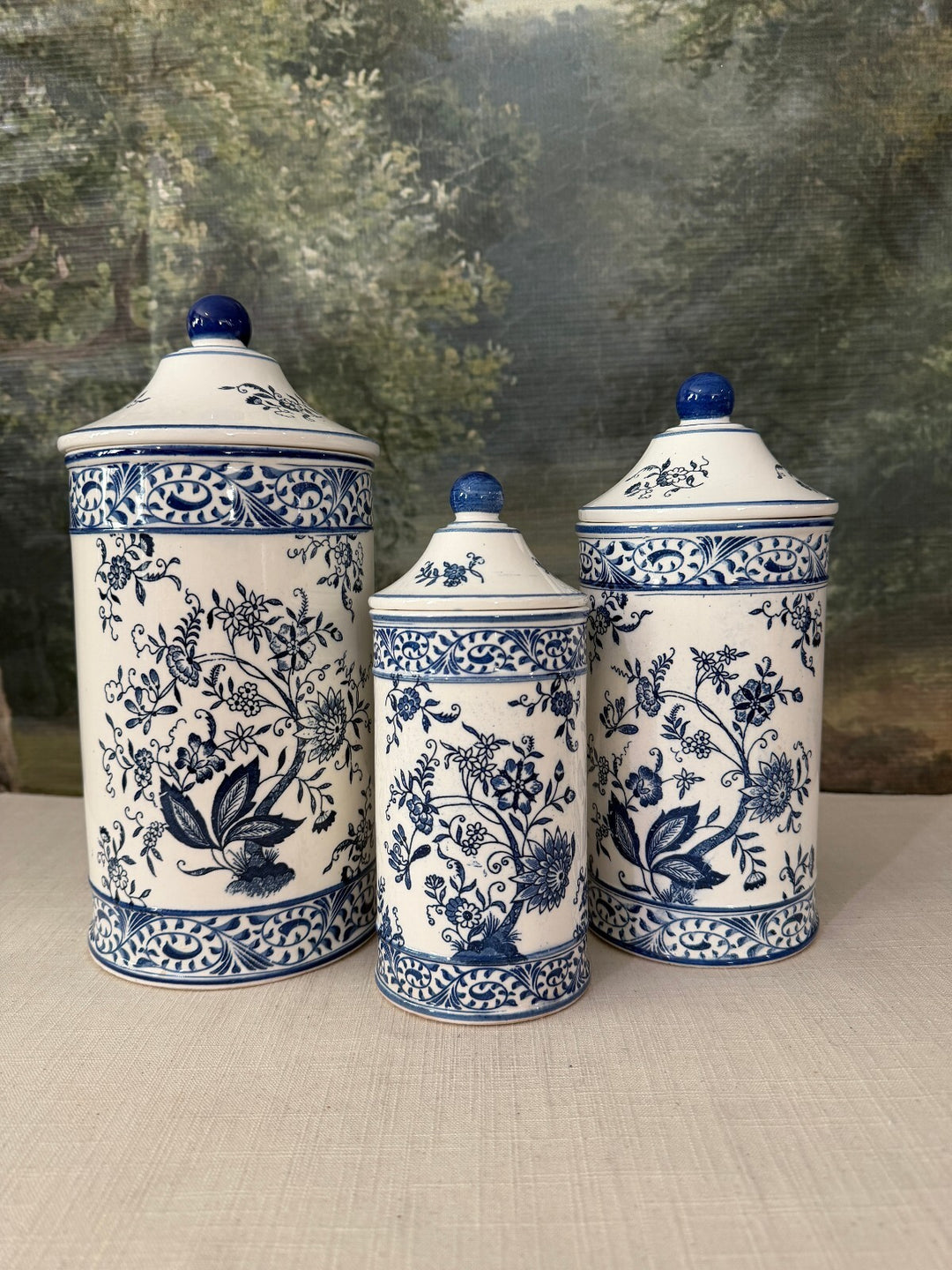 Set of 3 Blue and White Porcelain Lidded Canisters