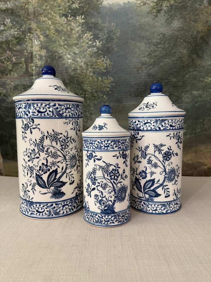 Set of 3 Blue and White Porcelain Lidded Canisters
