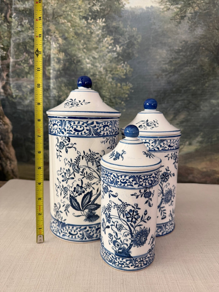 Set of 3 Blue and White Porcelain Lidded Canisters