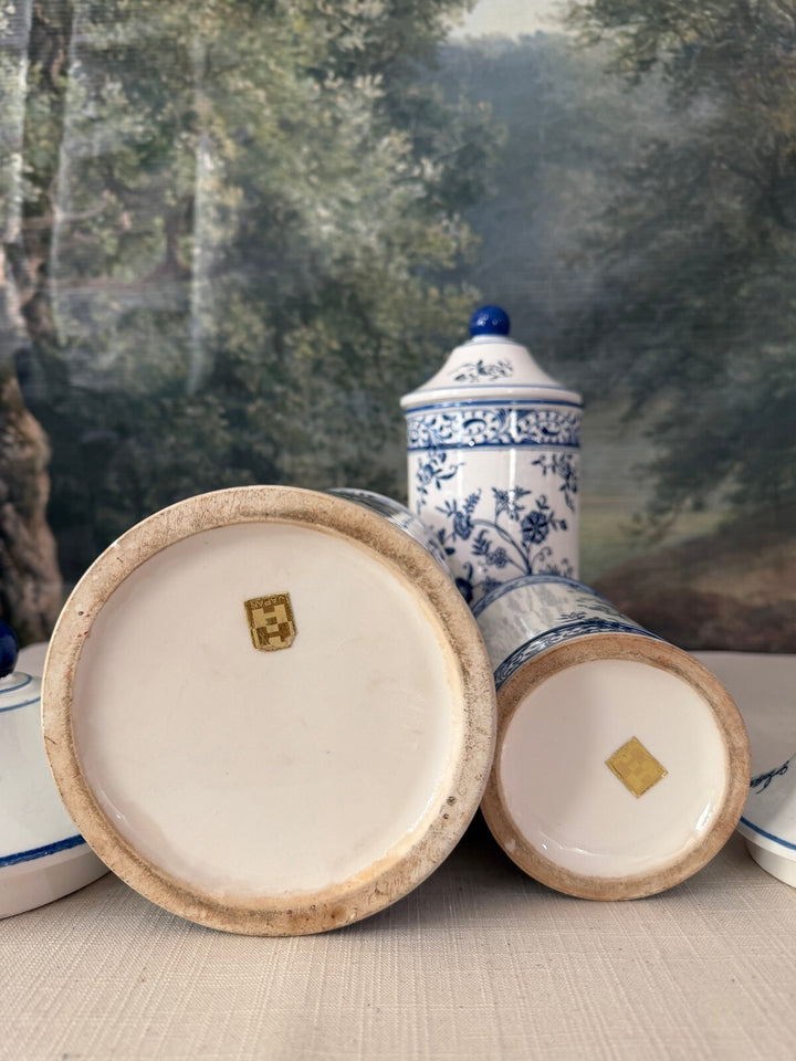Set of 3 Blue and White Porcelain Lidded Canisters