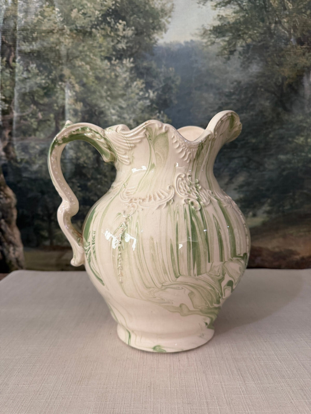Green and Cream Art Pottery Pitcher