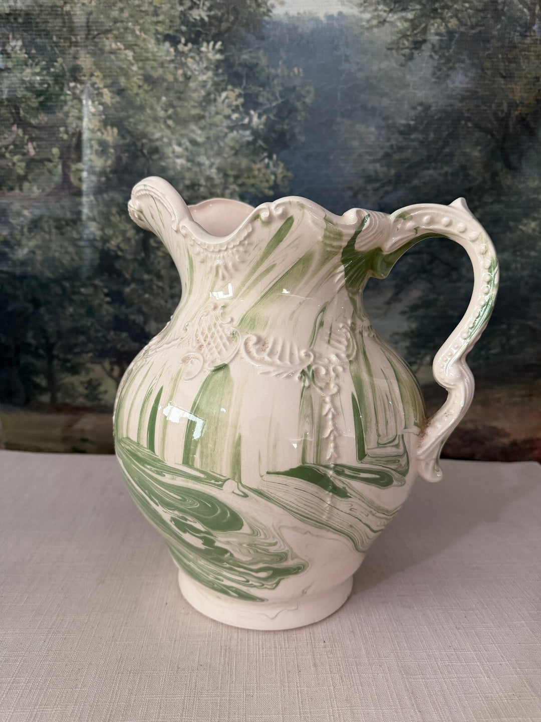 Green and Cream Art Pottery Pitcher