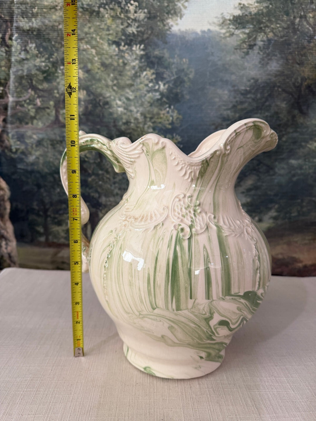 Green and Cream Art Pottery Pitcher