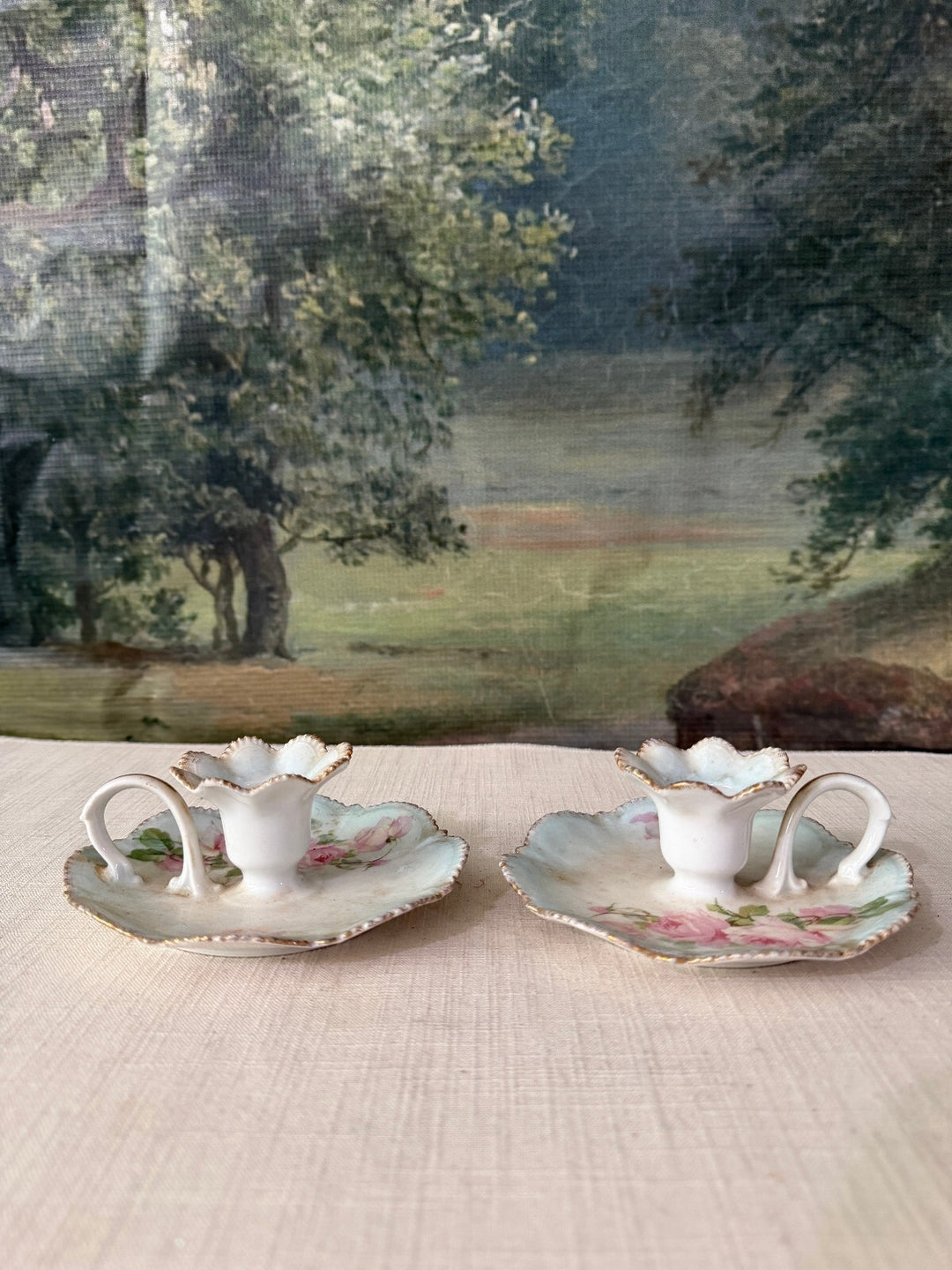 Pair of Porcelain Chamberstick Candle Holders