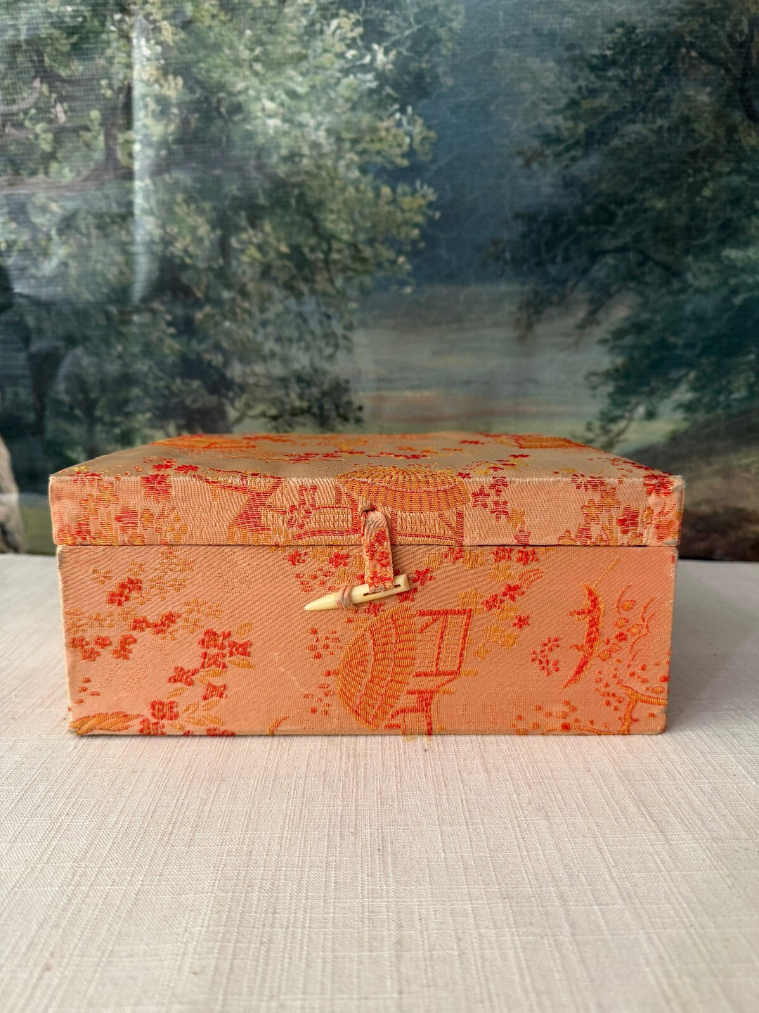 Vintage Chinese Jewelry Box with Red Satin Interior