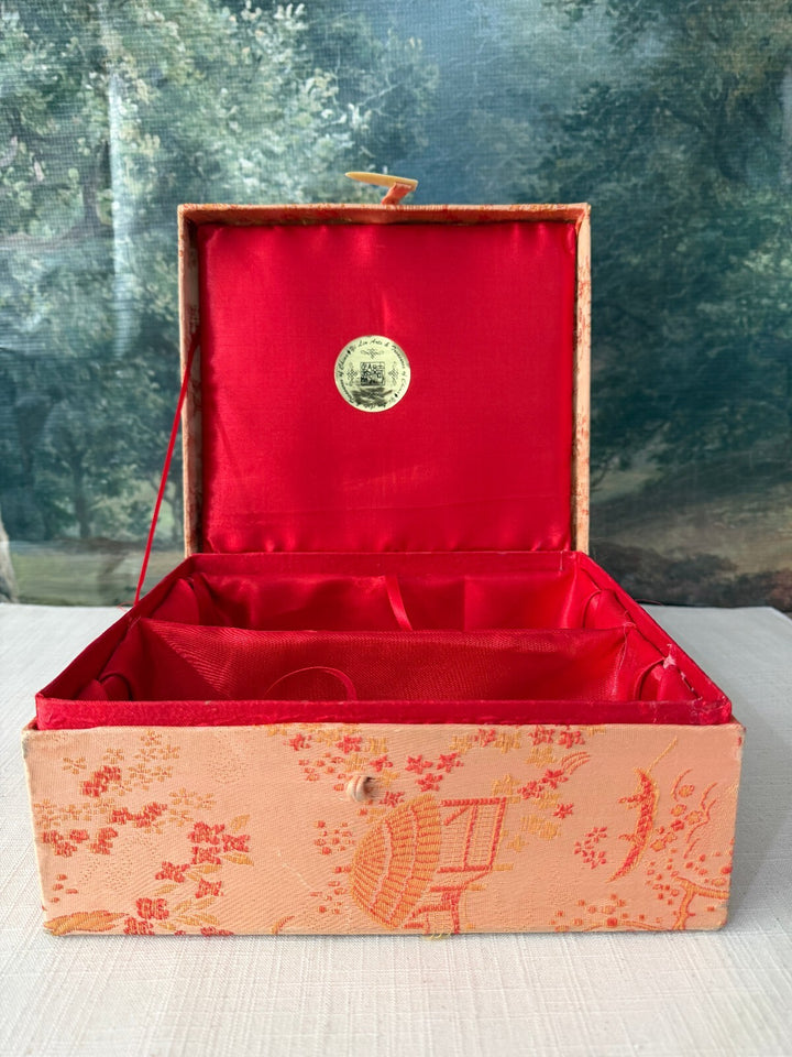 Vintage Chinese Jewelry Box with Red Satin Interior