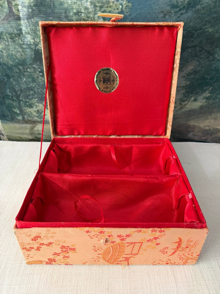 Vintage Chinese Jewelry Box with Red Satin Interior