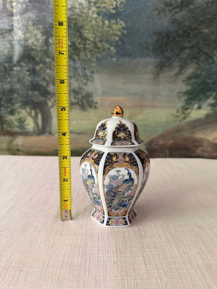 Vintage Porcelain Lidded Ginger Jar Blue White and Gold